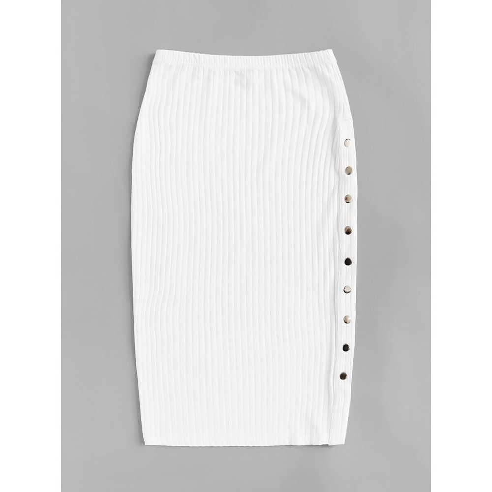 White High Waist Ribbed Side Slit Midi Skirt - Picture 3 of 6
